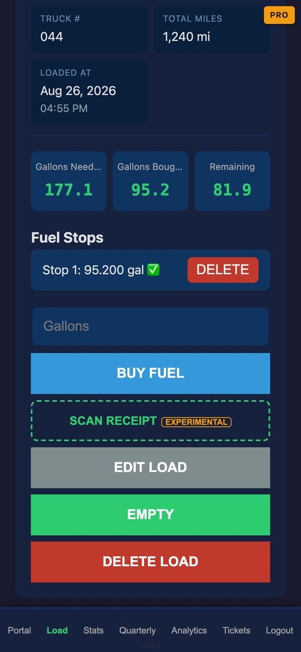 Fuel entry with scan receipt button and fuel meter